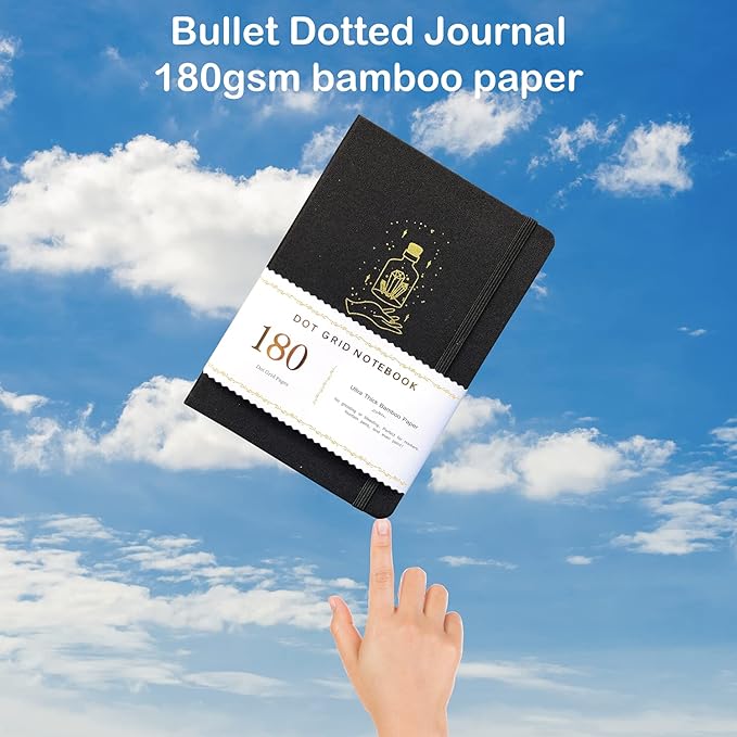 BUKE Dotted Journal,180Gsm Bamboo White Paper, 5 * 5MM Dot Grid 160 Pages, A5 Size Dot Grid Notebook BUJO, Colored Silver Edges and Mystery bottle