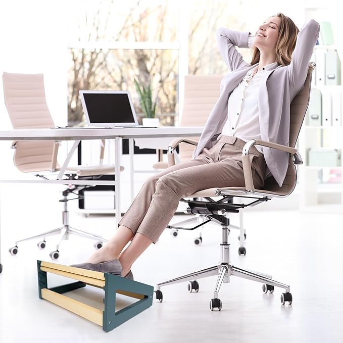 WOOD CITY Foot Rest for Under Desk at Work, 3 Heights Adjustable Footrest with Silicone Surface, 2in1 Foot Stool Improve Posture, Reduce Fatigue & Pain, Ideal for Home/Office/Gaming(Natural-Deep Blue)