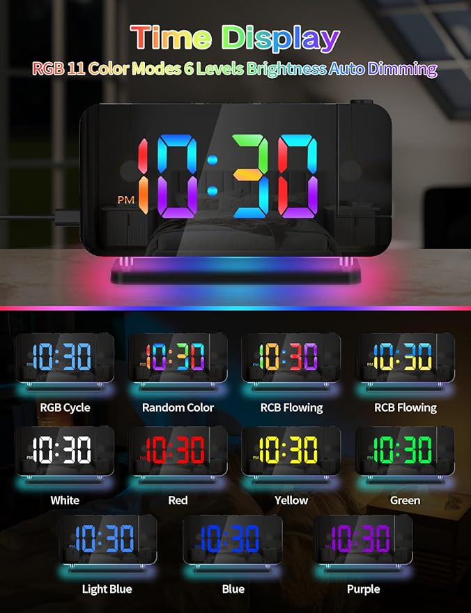 Projection Alarm Clock, Digital Colorful Clock with 180° Rotatable Projector, Mirror Clocks with RGB Night Light,Snooze,12/24H, Dual Charger Port, Auto Dimmer, LED Desk Clock for Bedroom