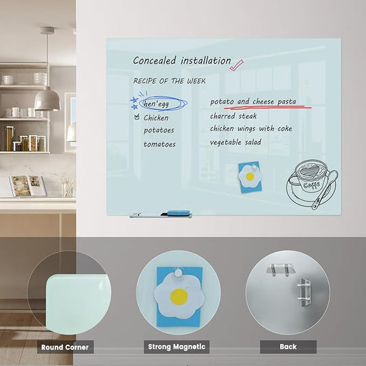 Glass Magnetic Dry-Erase Board - 48 x 36 Inches Hanging Glass Whiteboard for Wall, Large Frameless Magnetic White Board for Office, Home & School