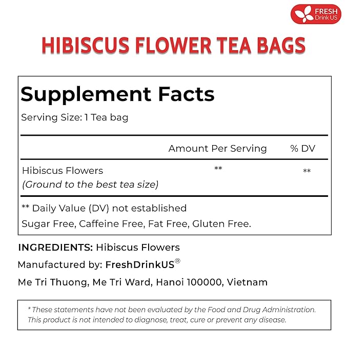FreshDrinkUS, Premium 235 Hibiscus Flowers Tea Bags, 100% Natural, Pure from Hibiscus Flowers. Loose Flower Hibiscus Herbal Tea. Hibiscus Flower Tea. No Sugar, No Caffeine, No Gluten, Vegan.