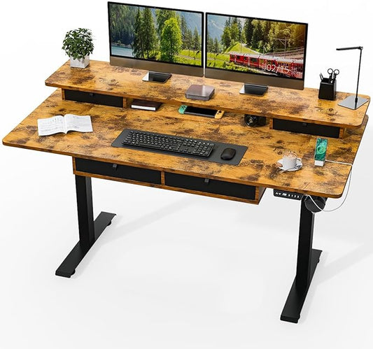 Standing Desk with Fast Charging USB Ports, 63" x 30" Height Adjustable Home Office & Gaming Desk, Sit Stand Desk with Built-in Storage Shelf, Hook & Ergonomic Design(Rustic Brown)