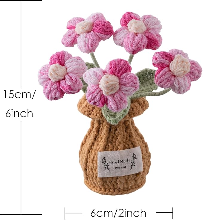 Handmade Crochet Flowers, 6 Inches Small Potted Plants, Knitted Desk Decorations for Home Office Decor (Puff Flower)