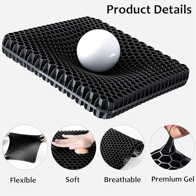 Egg Gel Seat Cushion, Breathable Gel Cushion Chair Pads with Non-Slip Cover for Home Office Car Wheelchair, Honeycomb Design Egg Seat Cushion As Seen On TV (Black)