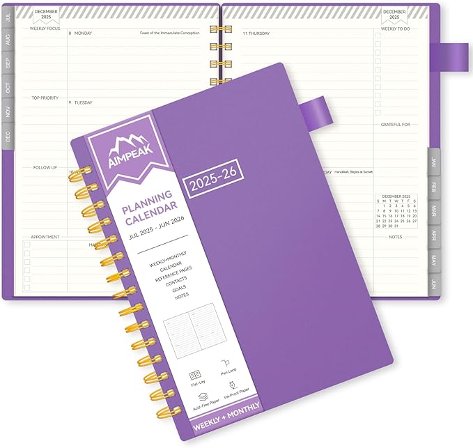 Planner 2025-2026, Weekly and Monthly Planners for Teacher & Student,Jul.2025 - Jun.2026, AIMPEAK Daily Calendar Planner with Monthly Tabs, Pen Loop, Flexible Waterproof Cover, Purple, 5.5" x 8.5"