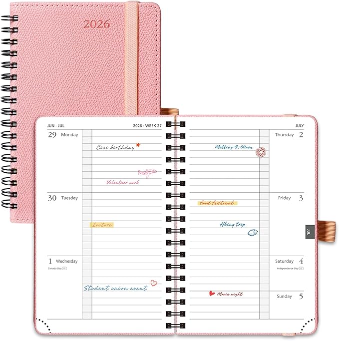 POPRUN 2026 Pocket Planner, (Small Size-4'' x 6.25'') - Daily Weekly and Monthly Calendar Agenda 2026 Appointment Book with Monthly Tabs, Spiral Soft Cover, Inner Pocket, 100 GSM - Soft Pink