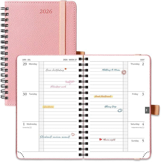 POPRUN 2026 Pocket Planner, (Small Size-4'' x 6.25'') - Daily Weekly and Monthly Calendar Agenda 2026 Appointment Book with Monthly Tabs, Spiral Soft Cover, Inner Pocket, 100 GSM - Soft Pink