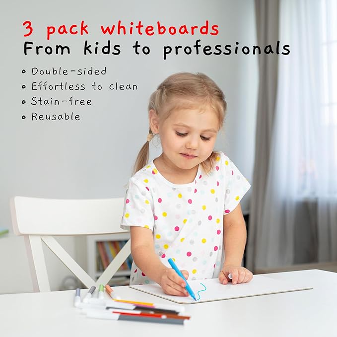 Mini Dry Erase Board for Kids, 3-Pack - 9x12-Inch Small White Boards for Students and Teachers - Double-Sided, Portable, and Easy-to-Clean Writing Boards for Classroom, Office, or Home