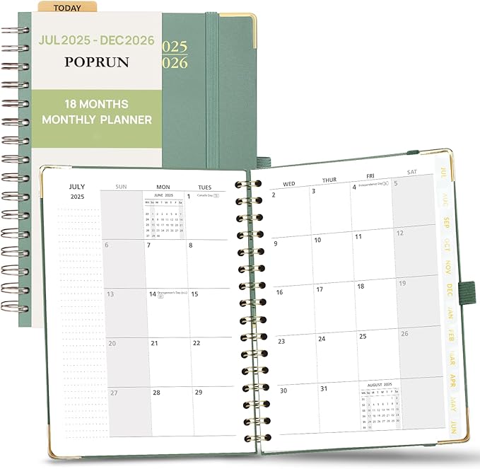 POPRUN Monthly Planner 2025-2026 Spiral Hardcover (6.25'' x 8.5''), 18 Months Calendar (Jul.2025 - Dec.2026)- 2 Pages per Month with Dotted Note Pages, Sunday Start, Laminated Tab - Midnight Green