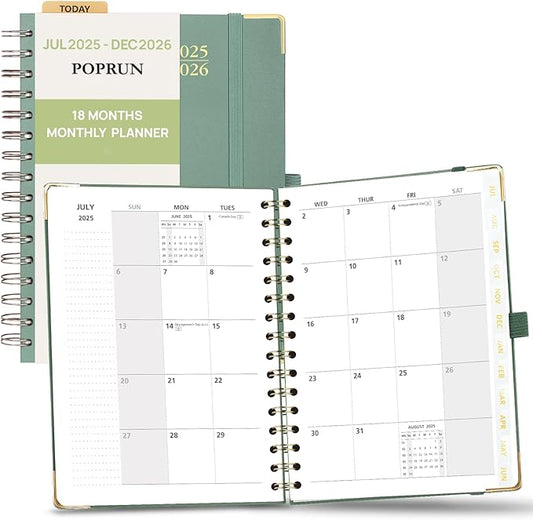 POPRUN Monthly Planner 2025-2026 Spiral Hardcover (6.25'' x 8.5''), 18 Months Calendar (Jul.2025 - Dec.2026)- 2 Pages per Month with Dotted Note Pages, Sunday Start, Laminated Tab - Midnight Green