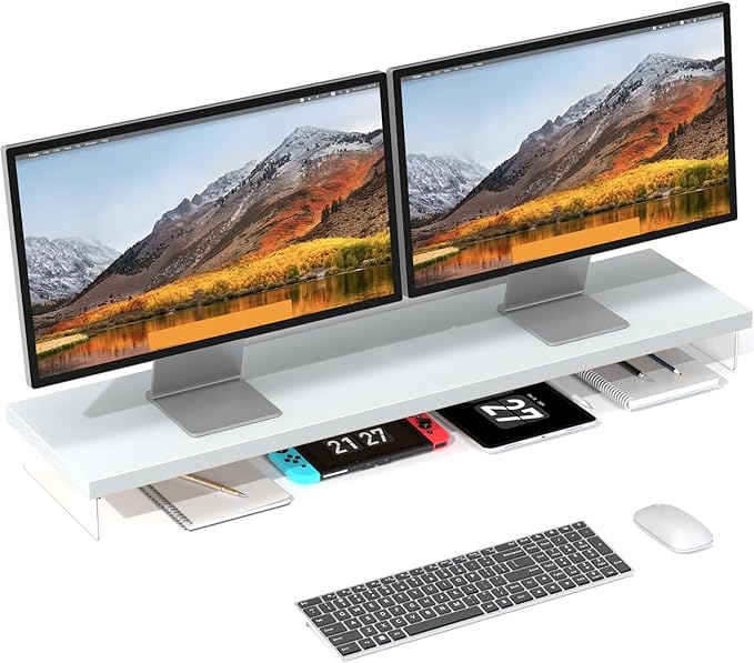 Dual Monitor Stand Riser, 40" Large Computer Monitor Stands for 2 Monitors, Wooden Desktop Organizer Shelf for Office Desk Computer, Laptop, TV, Monitor, Printer