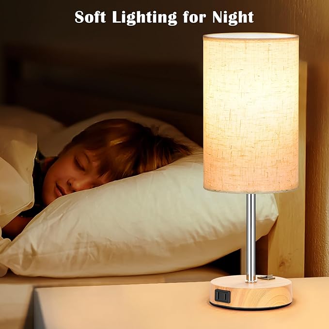 ZJOJO Table Lamp for Bedroom Set of 2, Bedside Small Lamps with 3 Way Dimmable Rocker Switch & AC Outlet, Nightstand Desk Lamp with Flaxen Fabric Shade Woodgrain Base for Living Room Home Decor Lights
