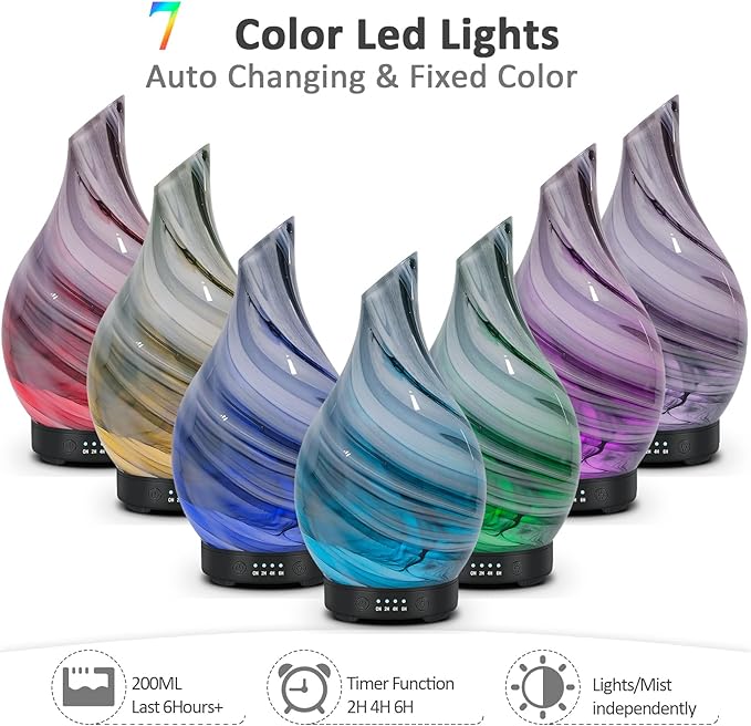 Essential Oil Diffuser Aroma Diffuser- 200 ml Art Glass Ultrasonic Cool Mist Oil Diffuser for Aromatherapy Waterless Auto-Off & 7 Colors Changed LED Light for Home Office Decor & Gift (Grey-200 ml)