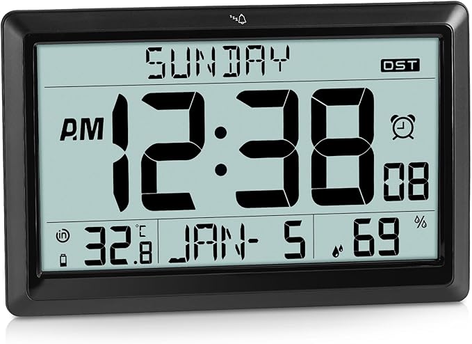 SZELAM Atomic Clock,10.5"Large Display Digital Wall Clock Battery Operated,Digital Calendar Auto Setting Desk Clocks with Indoor Temperature,Humidity,Date,Day,Auto DST for Elderly Bedroom-No backlight