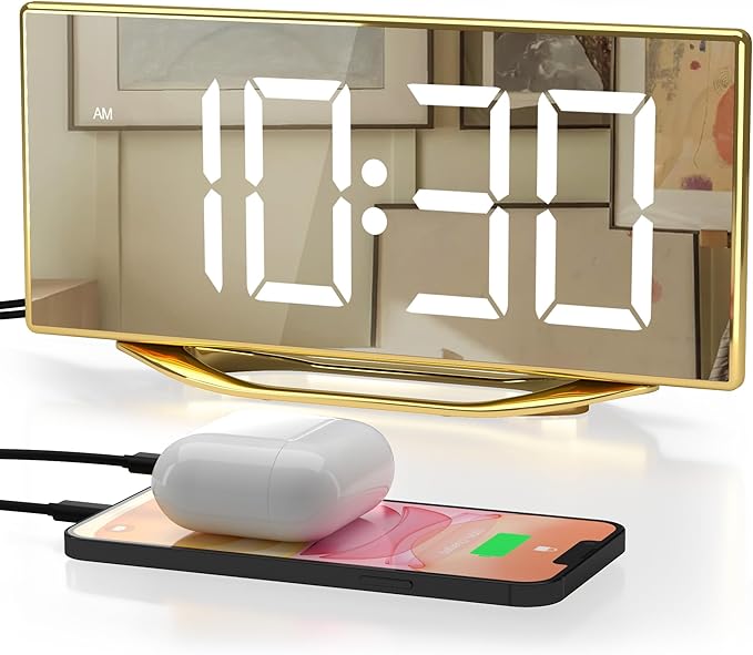 Digital Alarm Clock for Bedrooms, Slim LED Desk Clock with Gold Mirror Finish, 7 Levels Brightness, Dual USB Ports, Snooze, 12/24H, 8.7" Large Display Modern Bedside Clock for Home Office Decor