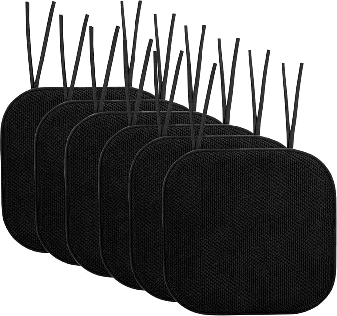 Sweet Home Collection Chair Cushion Memory Foam Pads with Ties Honeycomb Pattern Slip Non Skid Rubber Back Rounded Square 16" x 16" Seat Cover, 6 Pack, Black 6 Pack