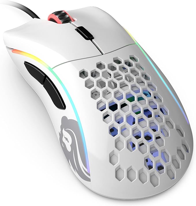 Glorious Gaming Model D- (Minus) Wired Gaming Mouse - 61g Superlight Honeycomb Design, RGB, Ergonomic, Pixart 3360 Sensor, Omron Switches, PTFE Feet, 6 Buttons - Glossy White