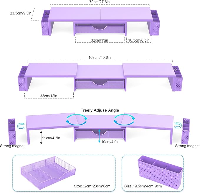 Spacrea Metal Desk Organizers and Accessories, Dual Monitor Stand Riser with Drawer and 2 Pen Holders, Desk Accessories & Workspace Desktop Organizers for Office Supplies (Purple)