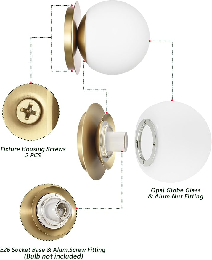 Wall Sconces, 1 Light Modern Globe Sconce in Aged Brass, Wall Light for Bedroom Bathroom Living Room & Hallway Vanity Lighting, Ceiling Light Fixture