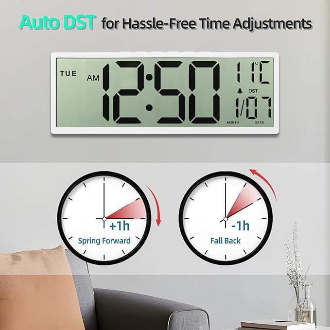 Digital Wall Clock Battery Operated, 15" Digital Clock Large Display with Date and Day of Week, Large Number with Temperature, Auto DST, Alarm, Snooze, 12/24-hour for Desk Office