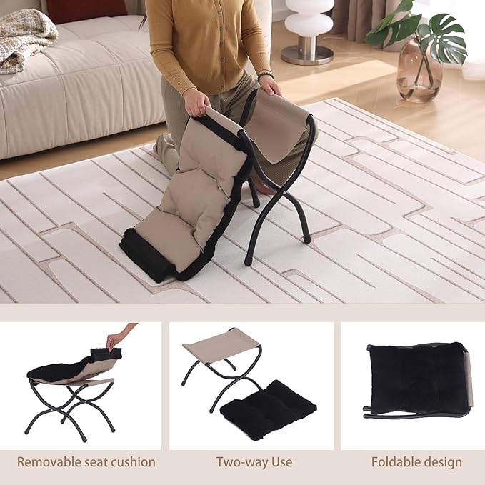Welnow Folding Foot Stool, Upholstered Small Accent Ottoman with Detachable Thick Cotton Cushion Padded Sofa Stool and Metal Frame for Lazy Chair, Living Room, Bedroom, Plush Black