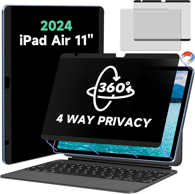 Magnetic Full Privacy Screen for iPad Air 11 inch M2/M3 (6/7th Gen，2024/2025) Case Friendly Blue light Blocker Anti-glare Eye Strain Filter, Removable 360°Anti Spy Film Support Apple Pencil