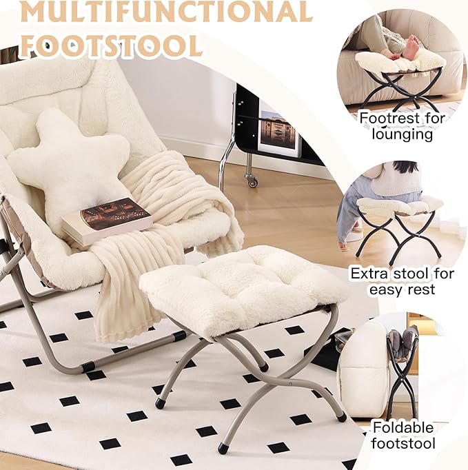 Welnow Folding Foot Stool, Upholstered Small Accent Ottoman with Detachable Thick Cotton Cushion Padded Sofa Stool and Metal Frame for Lazy Chair, Living Room, Bedroom, Plush Beige