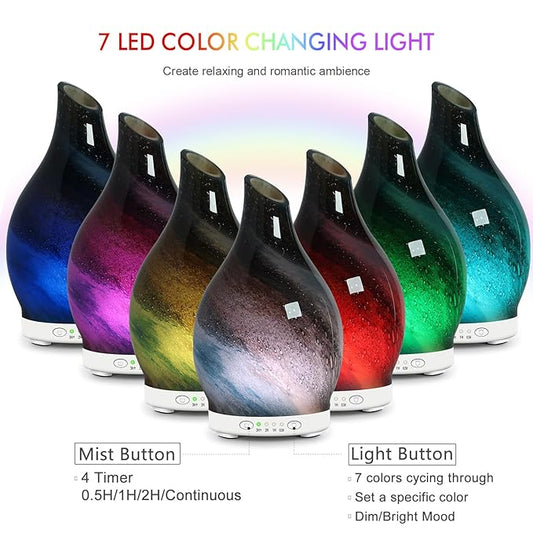 Aromatherapy Diffuser Essential Oil Diffuser - Glass Diffuser Ultrasonic Cool Mist Aroma Diffuser 120ml Scented Oil Diffuser with Auto-Off Protection & 7 Colors Night Light for Home Office Decor&Gift