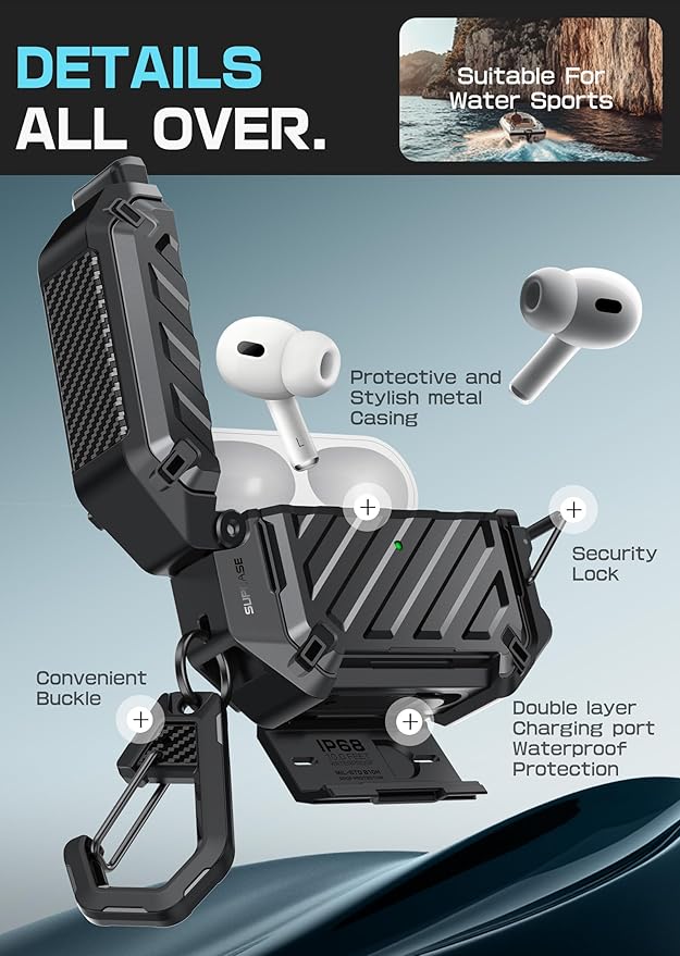 SUPCASE for AirPods Pro 2nd/1st Gen Case with Lock & Carabiner (Unicorn Beetle Pro), [IP68 Waterproof] [Military-Grade Protection] [Supports Wireless Charging] Anti-Scratch Hard Shell Cover, Black