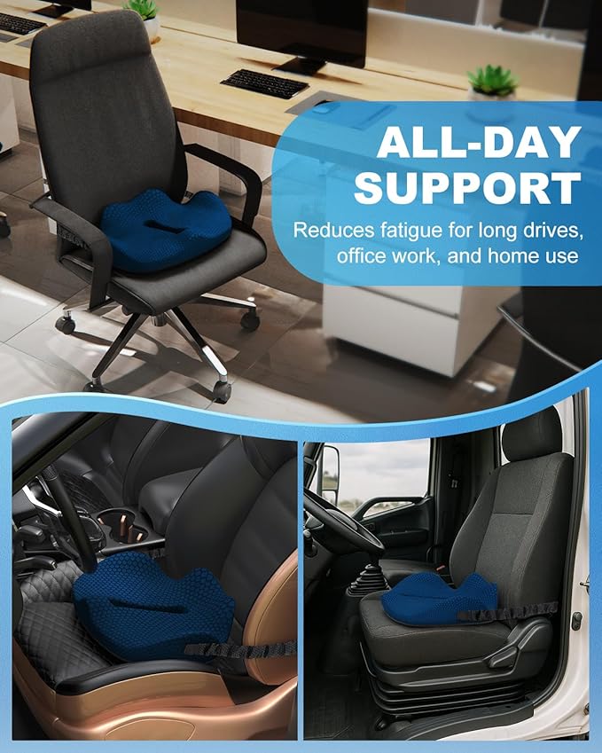 Memory Foam Truck Seat Cushion with TPE Gel Support, Truck Seat Cushion with Non-Slip Washable Cover for Back Support & Pain Relief During Long Drives(Blue)