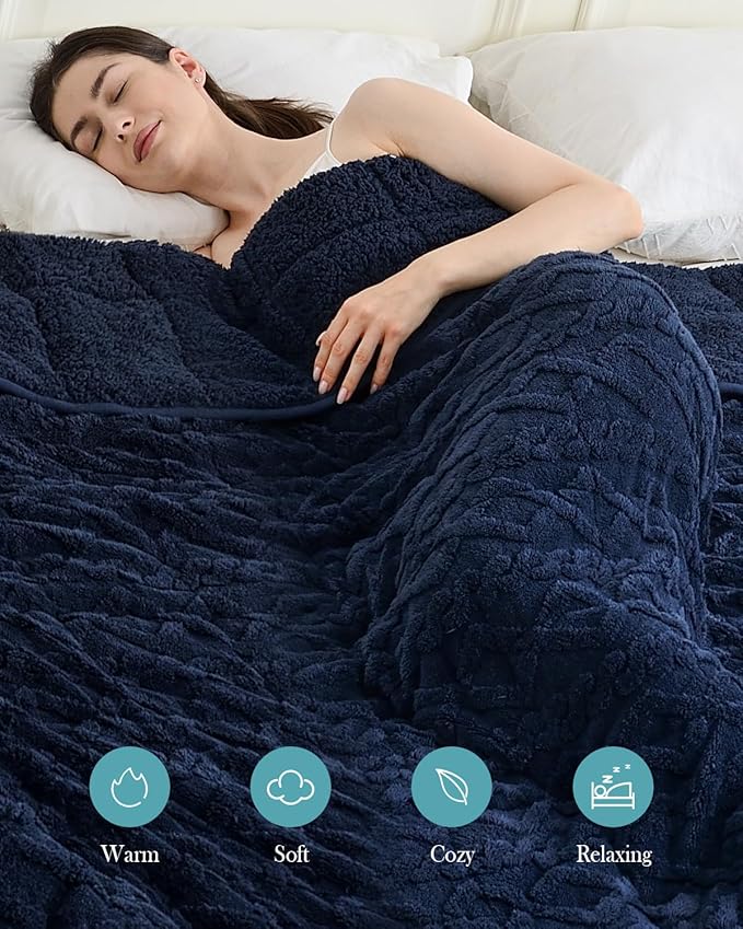 Topblan Weighted Blanket Twin Size 15 Pounds, Soft Weighted Blanket with Doubled-Sized Shaggy Sherpa, Jacquard Knitted Stylish Weighted Throw Blanket for Better Sleep, Navy Blue, 48 x 72 inches