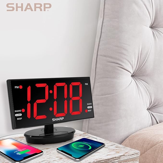 Sharp Digital Alarm Clock, 8.9" Extra Large LED Clock with Tilt and Swivel Display, AccuSet Automatically Sets The Time, Dual USB Charger Ports, FM Radio, 3 Level Adjustable Dimmer Brightness