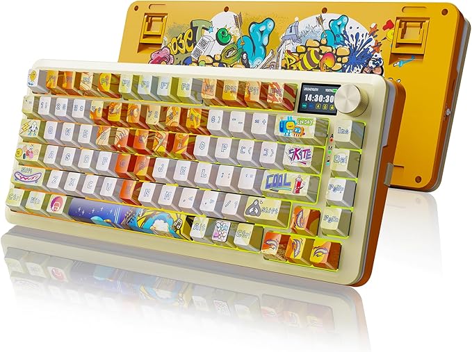 Redragon Wireless Mechanical Gaming Keyboard - Gasket-Mounted RGB Backlit, Custom Keys, 3-Mode(Bluetooth/2.4G/USB), Hot-Swap Pre-Lubed Switches, Screen & Control Knob - Doodle Style