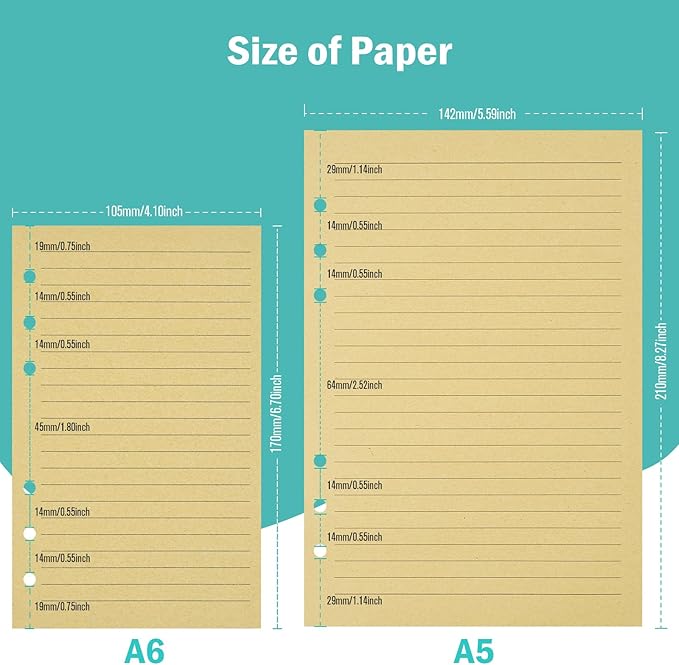 OMEYA A6 Refill Paper, 320 Pages A6 Loose Leaf Paper 6 Hole Notebook Refills for 6 Ring Refillable Binder Notebook Planner Diary Journals Painting Personal Organiser-Line Pages
