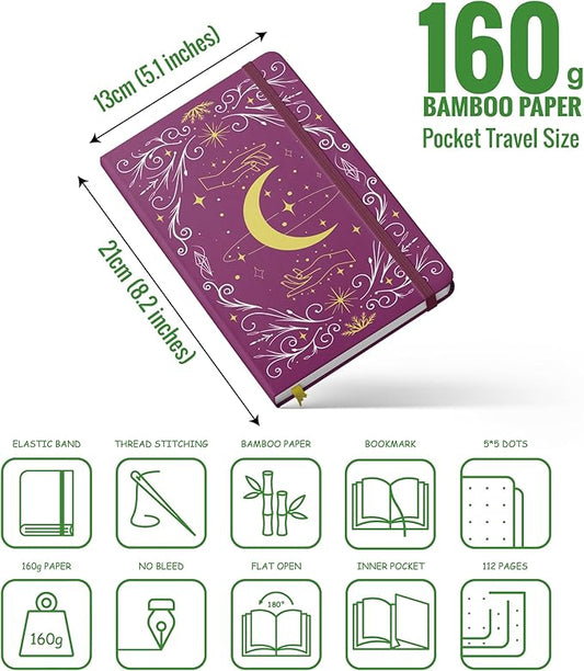 BUKE A5 Dotted Journal – 160gsm Ultra Bamboo Paper, Moon & Star Foil Cover, Flat Lay Notebook with Gift Box – 160 Pages, 5mm Dot Grid, Faux Leather Hardcover (Red)