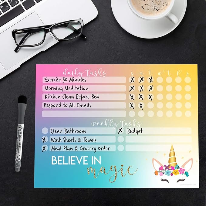 Dry Erase Whiteboard Task Planner | Removable and Restickable Adhesive Decal | Fine-Tip Magnetic Marker Included (9 x 12 inches, Unicorn Magic)