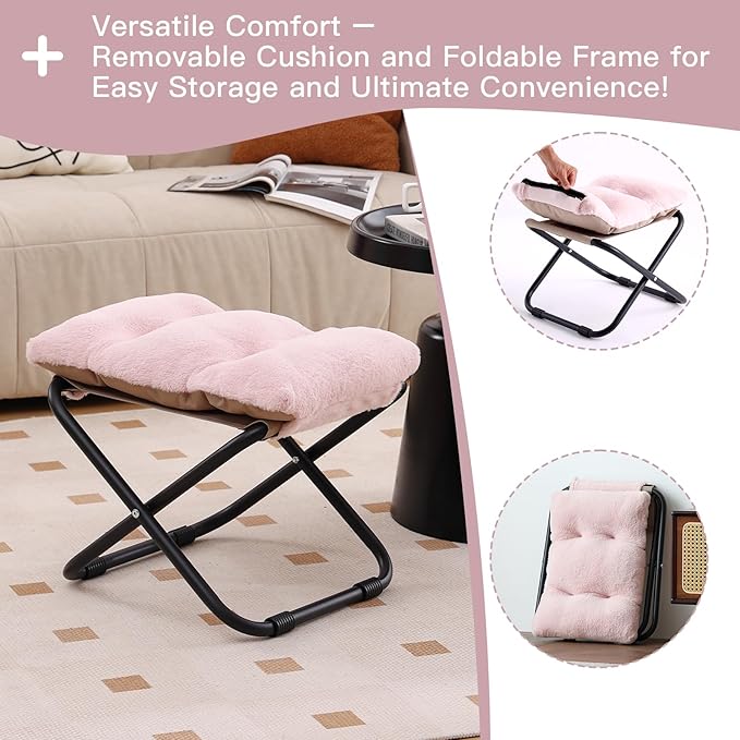 LITA Folding Footrest Stool, Portable Ottoman Foot Rest, Upholstered Small Foldable Ottoman Stool with Detachable Thick Cotton Cushion Padded Sofa Stool for Living Room, Bedroom, Plush Pink