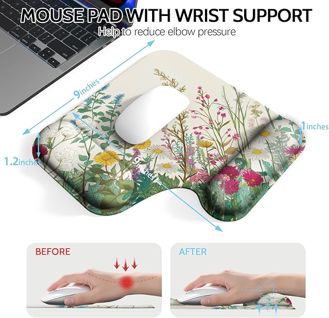 Ergonomic Mouse Pad with Gel Wrist Rest (1"& 1.2" Dual Height) - Mouse Pads Compact Mousepad Desk Mat Office, Gaming & Carpal Tunnel Relief | Non-Slip Rubber Base Wildflower Garden