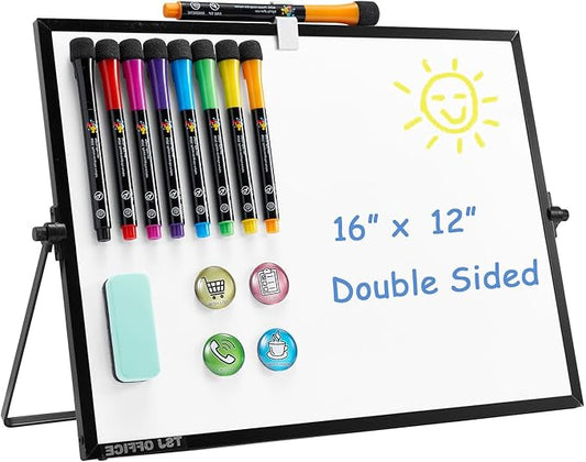 TSJ OFFICE Dry Erase White-Board - 12 X 16 Inches Portable Small Magnetic Whiteboard with Hooks for Wall, Mini Desktop Whiteboard 360 Degrees Revolving Double Sided Stand for Office, Home, School