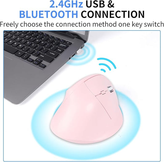Ergonomic Vertical Mouse, Bluetooth Mouse Dual Mode Wireless Rechargeable Mice Support 2 Devices (Bluetooth or USB), 1600 DPI Silent Mice 6 Button Computer for Laptop, PC,MacBook, iPad,Mac-Pink