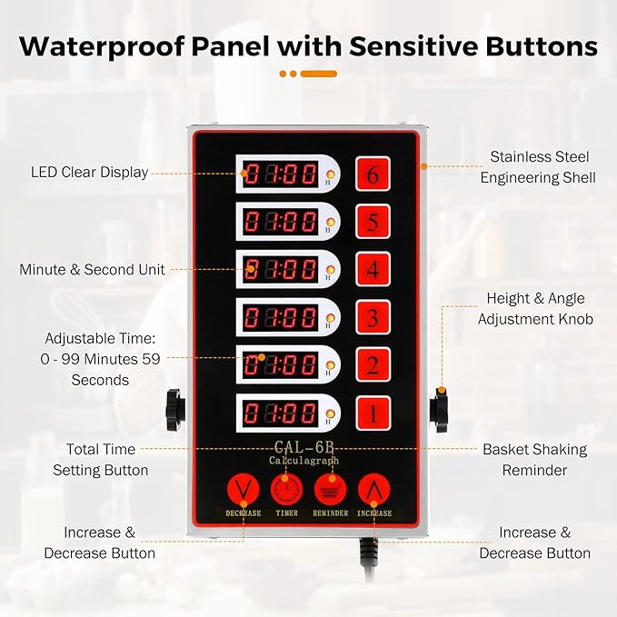 BEAMNOVA 6 Channel Digital Kitchen Timer Cooking Reminder Commercial Loud Ring Alarm Stainless Steel Adjustable Volume