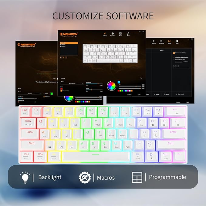 Newmen GM610 60% Wireless Mechanical Gaming Keyboard,Wired/Bluetooth/2.4G Keyboard,RGB Backlit,61 Anti-Ghosting Keys,Programmable,Hot-Swappable,for Windows Mac Android (White/Red Switch)