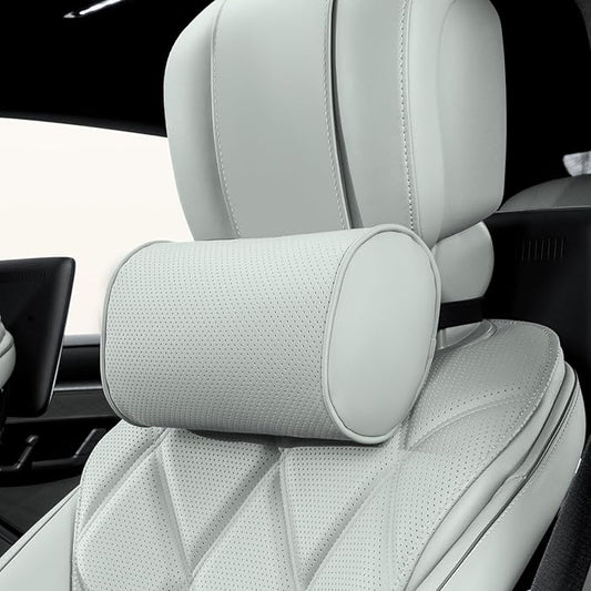 Car Headrest Pillow for Driving - Luxury Leather 100% Memory Foam, Ergonomic Neck Support - Universal Fit Head Rest Travel Pillow for Most Cars, Home & Office, Gray, 1 Pack