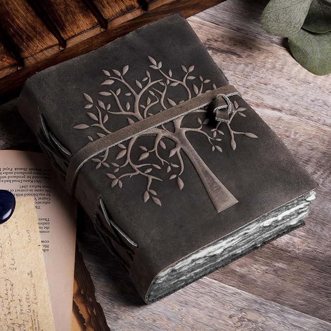 LEATHER VILLAGE Tree of Life Journal - 6 X 4 (A6) inches - Rustic Black - 200 Antique Deckle Edge Handmade Paper – Book of Shadows - Vintage Leather Bound Journal for Women & Men