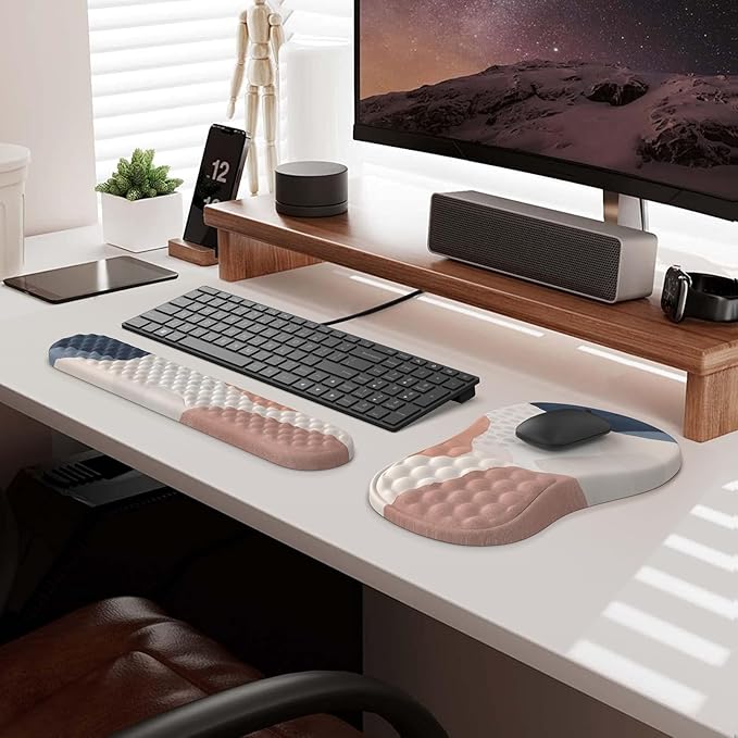 HAOCOO Ergonomic Mouse Pad with Wrist Rest and Keyboard Wrist Rest Set, 3 PCS Computer Carpal Tunnel Mouse Pads for Desk with Coaster, Memory Foam Mousepad Support for Office Women, Boho Navy Pink