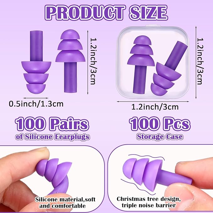 TrelaCo 100 Pairs Ear Plugs Bulk, NRR 29dB Reusable Silicone Ear Plugs with Plastic Cases Soft Foam for Sleeping Noise Cancelling for Concerts Shooting Swimming Noise Reduction(Purple)