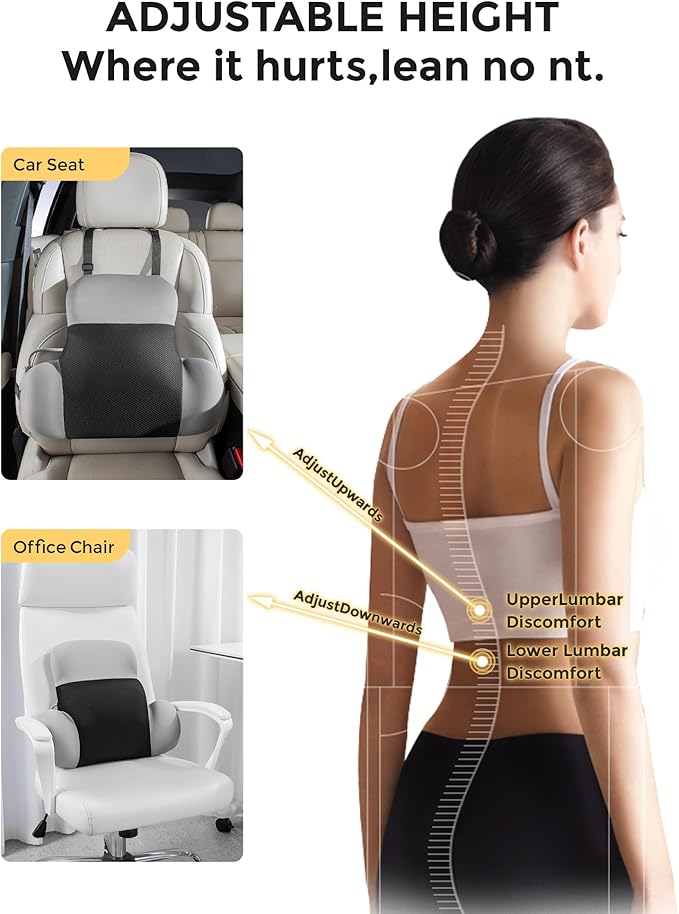 BEBAS Lumbar Support Pillow for Office Chair & Car Seat - Memory Foam Back Cushion with Adjustable Air Cushion, Dual Strap System for Back Pain Relief (Fits Gaming/Home Chairs)