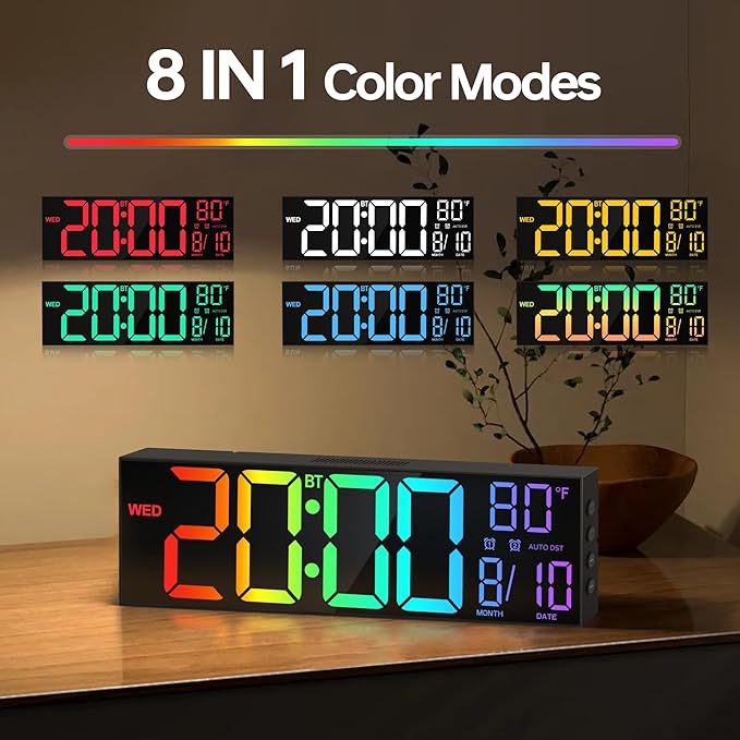 JALL 16.2" Large Digital Wall Clock with Seconds, Bluetooth Sync, Alarm Big LED, RGB Color, DST Temperature for Classroom Bedroom Garage Gym, Mount, Xmas, Birthday Gift for Aged Elderly Mother Father