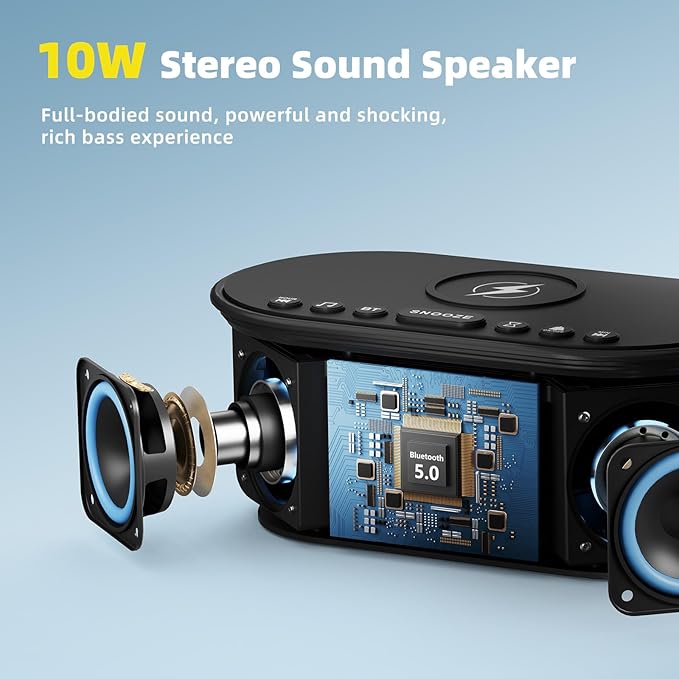 Sound Machine Alarm Clock for Bedrooms: Bluetooth 10W Stereo Sound Speaker with Wireless Charging - White Noise Machine for Sleeping with 21 Soothing Sounds - Black