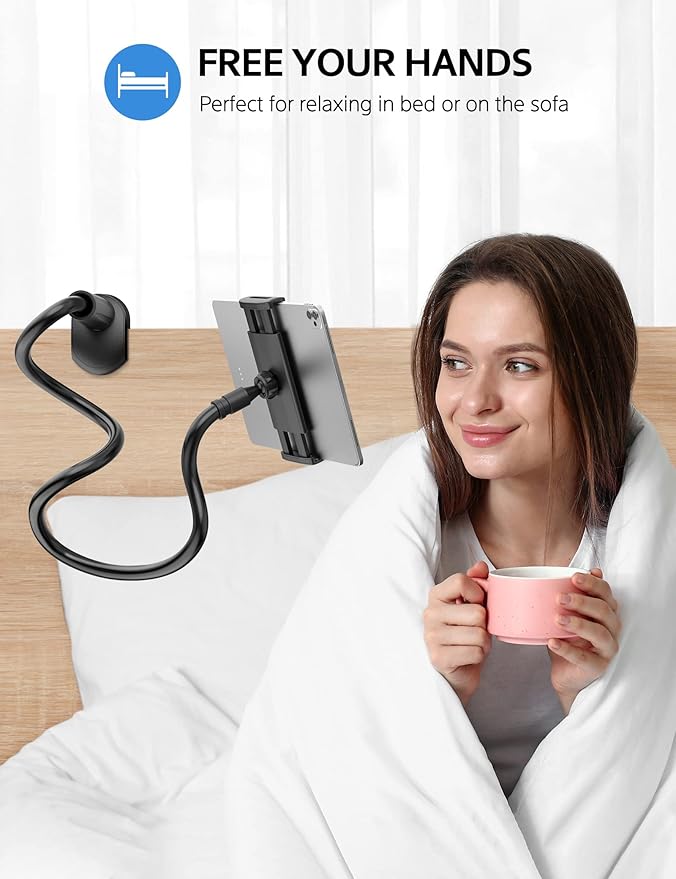 SHAWE Gooseneck Tablet Holder Phone Stand, Flexible Tablet Mount for Bed, 360 Adjustable Lazy Arm Holder Clamp Mount for iPad Air Pro mini, Samsung Galaxy Tabs, iPhone, Switch, 4.0~10.5" (Black)